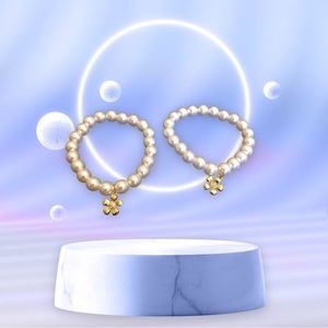 Women's Manmade Pearl Beaded Stretch White/Gold Accented Bracelets